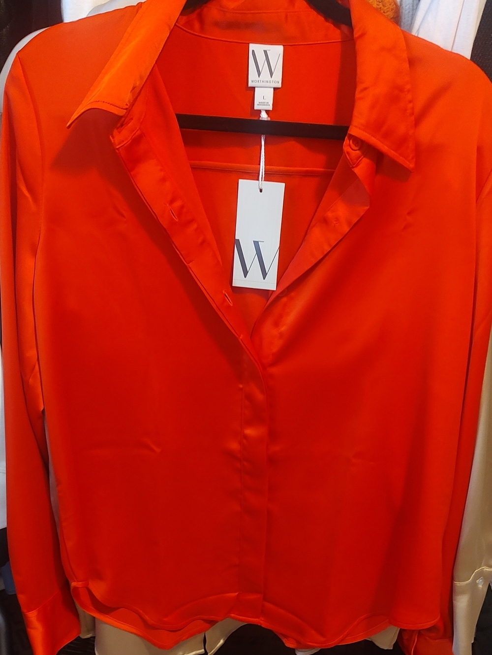 Worthington Bright Orange Satin Button-Front Blouse